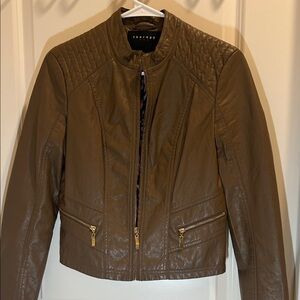 therapy Olive-Brown Quilted Shoulder Leather Zip Jacket